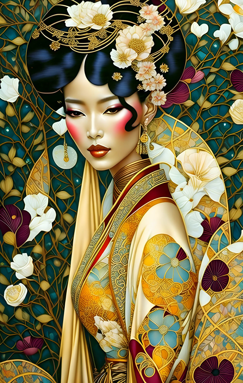 Asian woman in traditional attire with gold jewelry and floral background