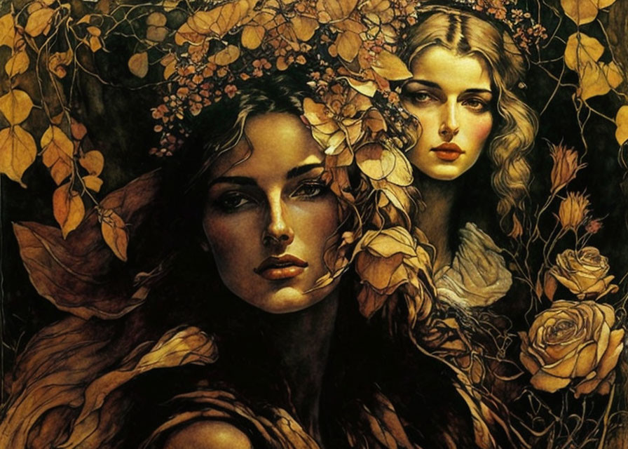 Women in mystical garden setting with lush flowers and leaves