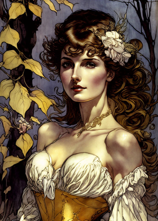 Illustrated woman in off-shoulder golden corset dress with curly hair among yellow leaves