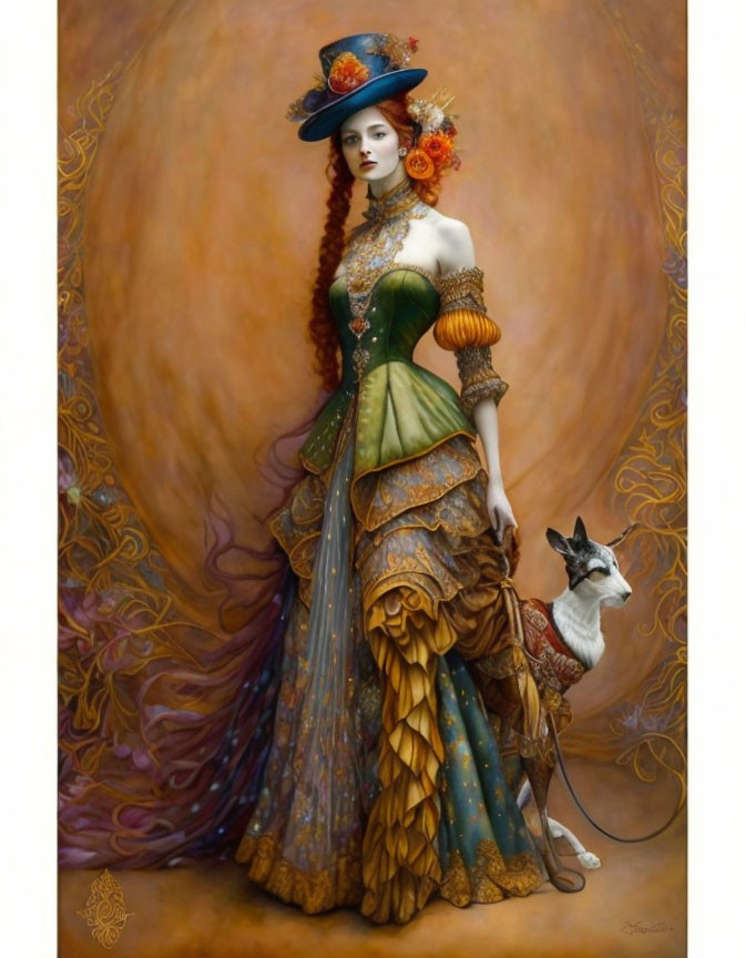 Victorian woman in ornate dress with flower hat posing with cat and ribbon