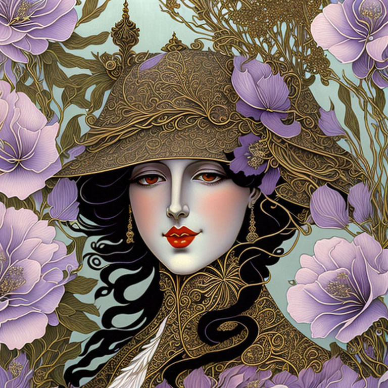 Illustrated portrait of woman with decorative hat and purple flowers in intricate design