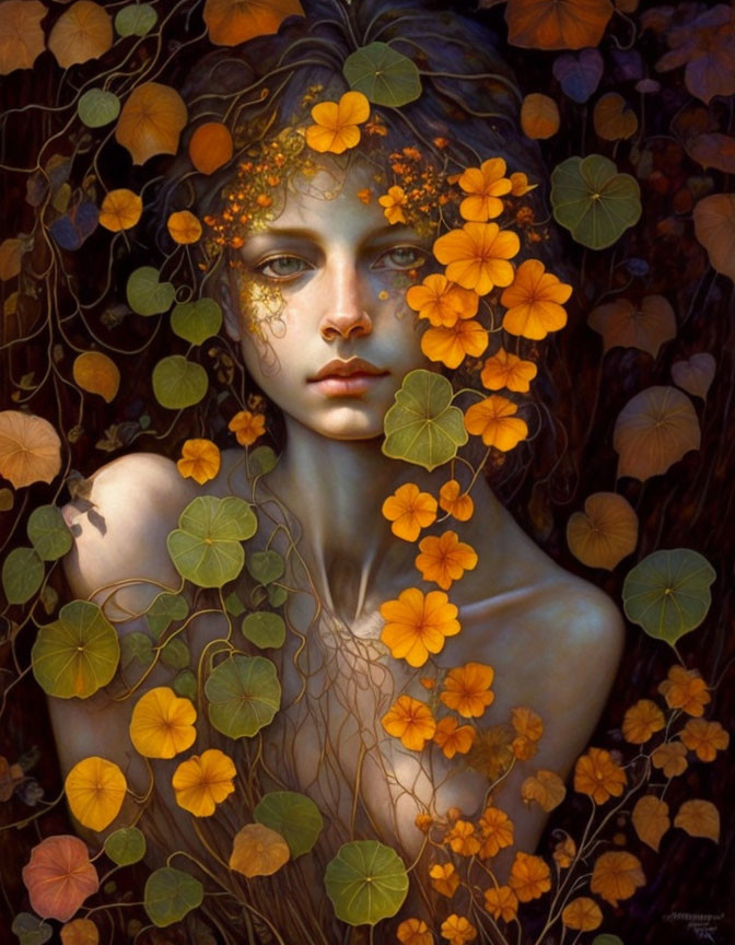 Woman with Orange Flowers in Hair Against Foliage Background