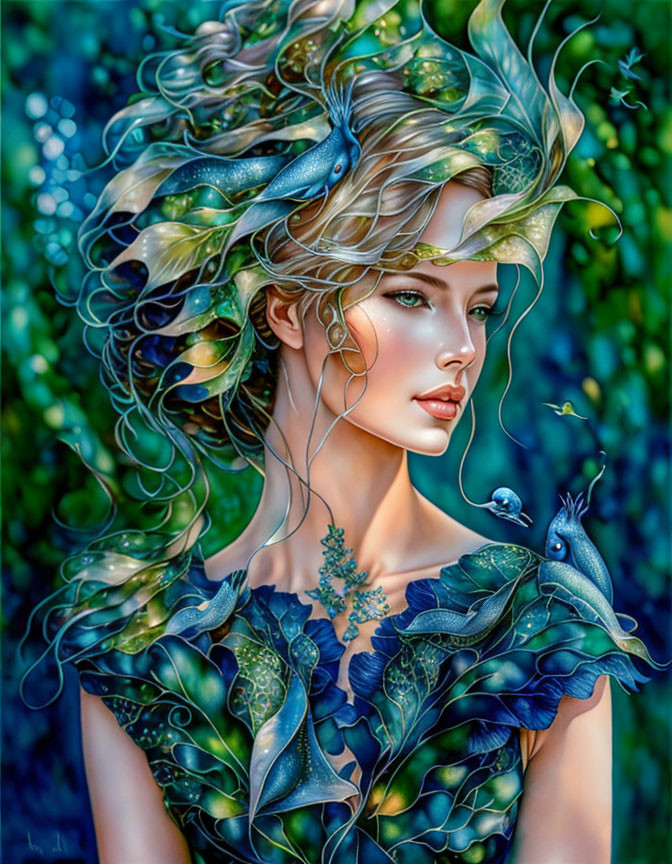 Woman with flowing hair, leaves, and fish on vibrant backdrop