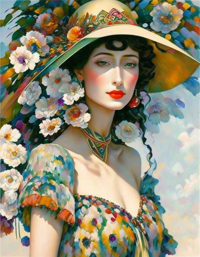 Colorful painting of woman in floral hat with flowers in background