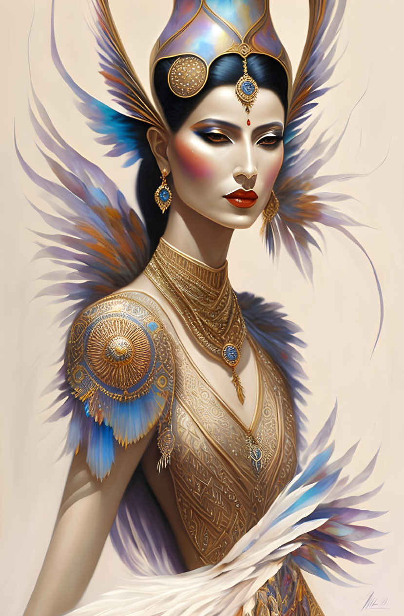 Woman with Elaborate Headdress and Jewelry in Mystical Aura