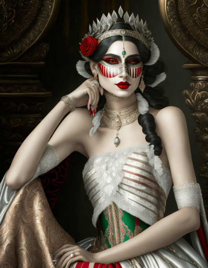 Pale-skinned woman with red lipstick in corset and striped makeup.