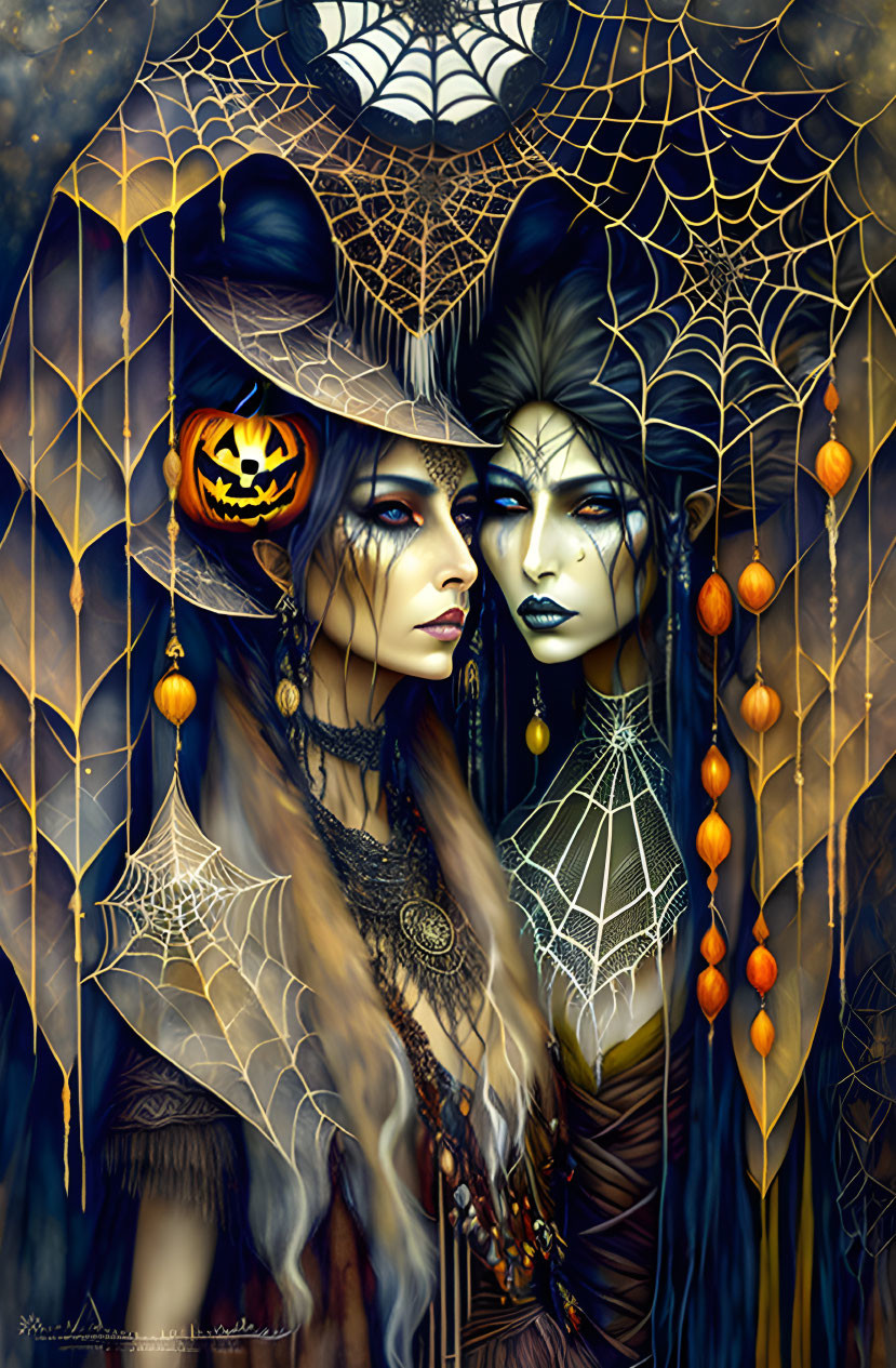 Stylized Halloween-themed women with spider-web motifs and pumpkin in golden ambiance