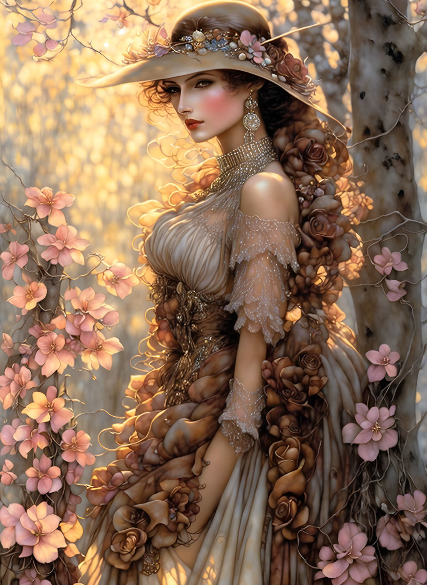 Detailed Floral Gown and Fine Jewelry on Elegant Woman among Blooming Trees