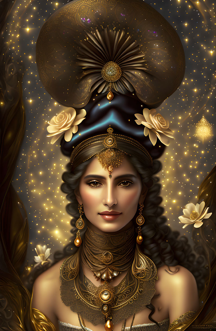 Woman adorned in gold jewelry with starry motifs on dark background.