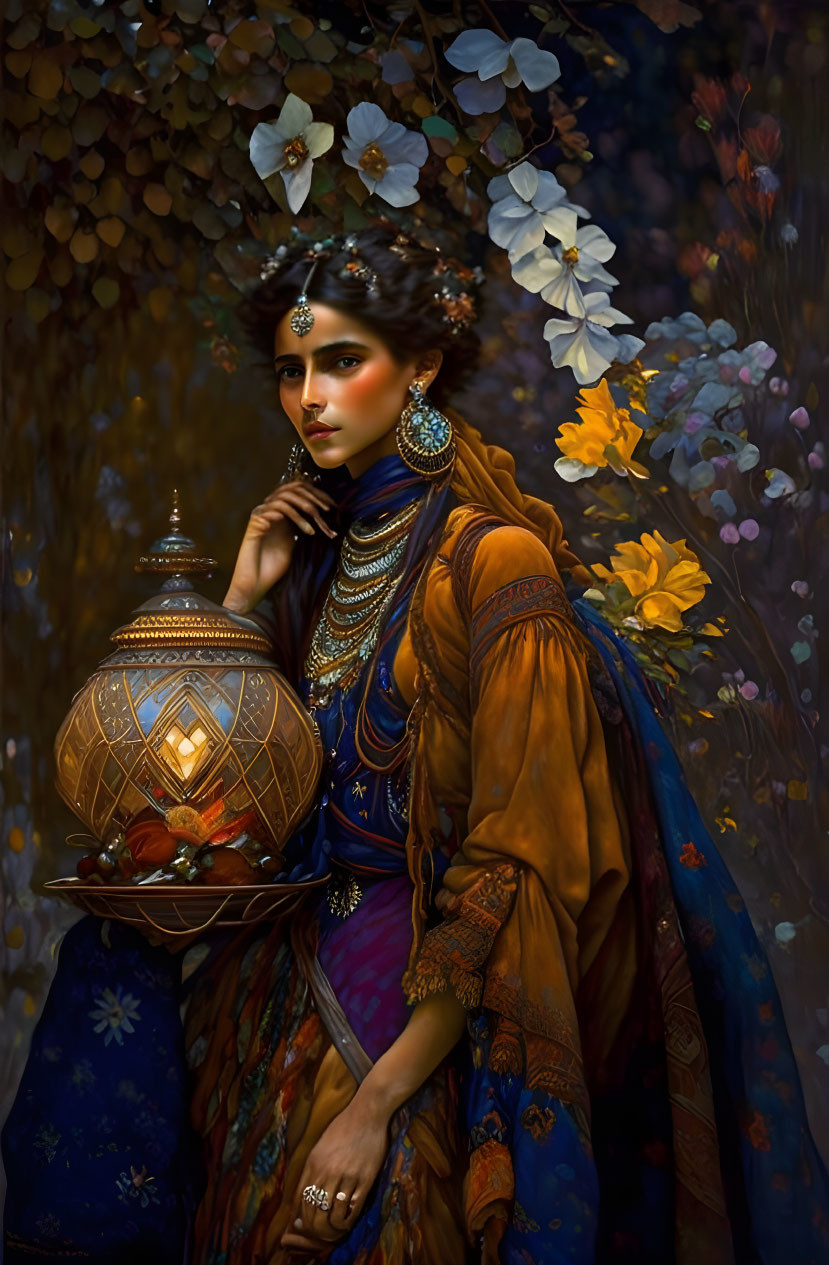 Traditional Attire Woman Holding Lantern in Floral Setting