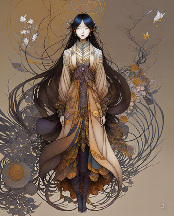 Ethereal woman in ornate robes with dark hair, surrounded by intricate patterns and flowers