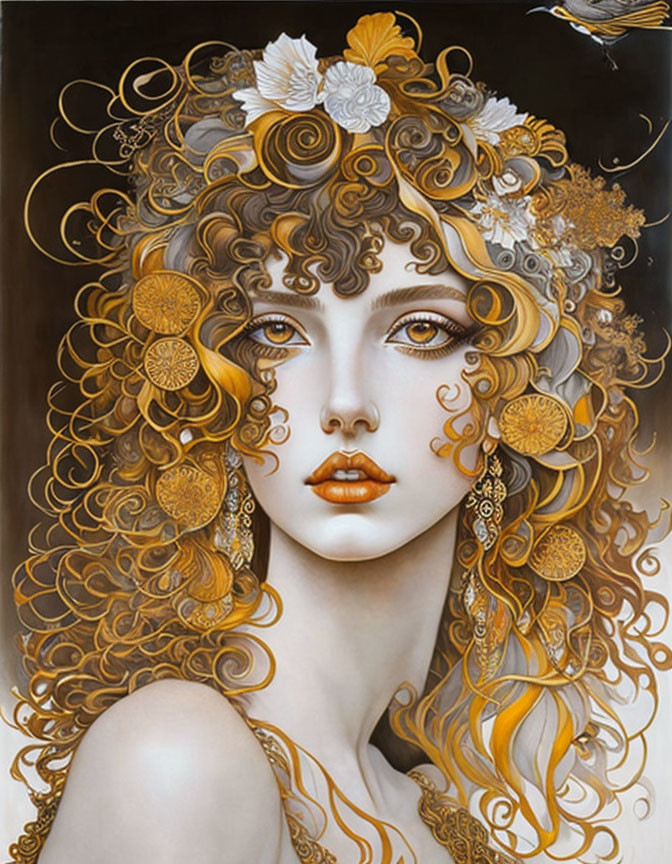 Surreal portrait of woman with golden curls and ornate jewelry