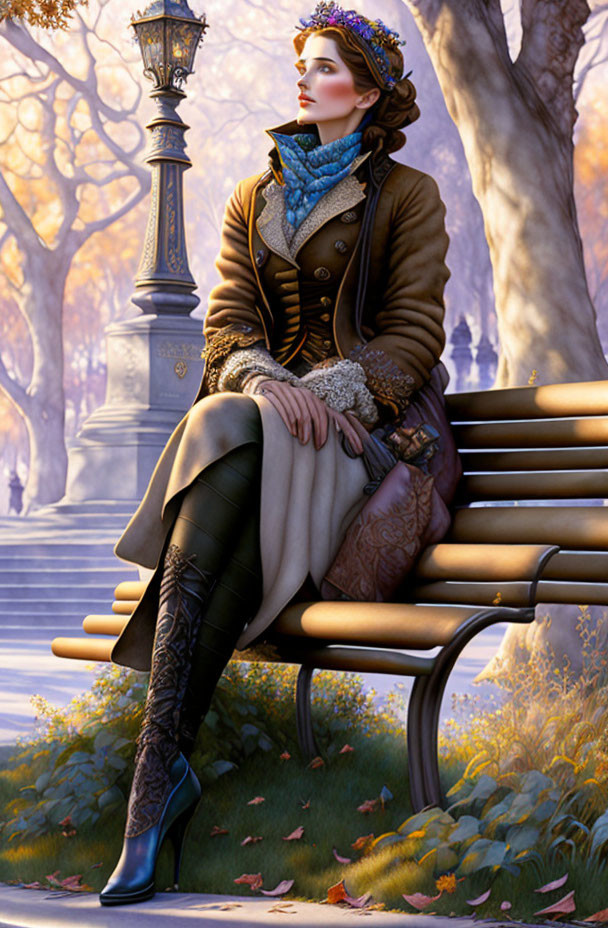 Woman in vintage outfit on park bench surrounded by autumn scenery.