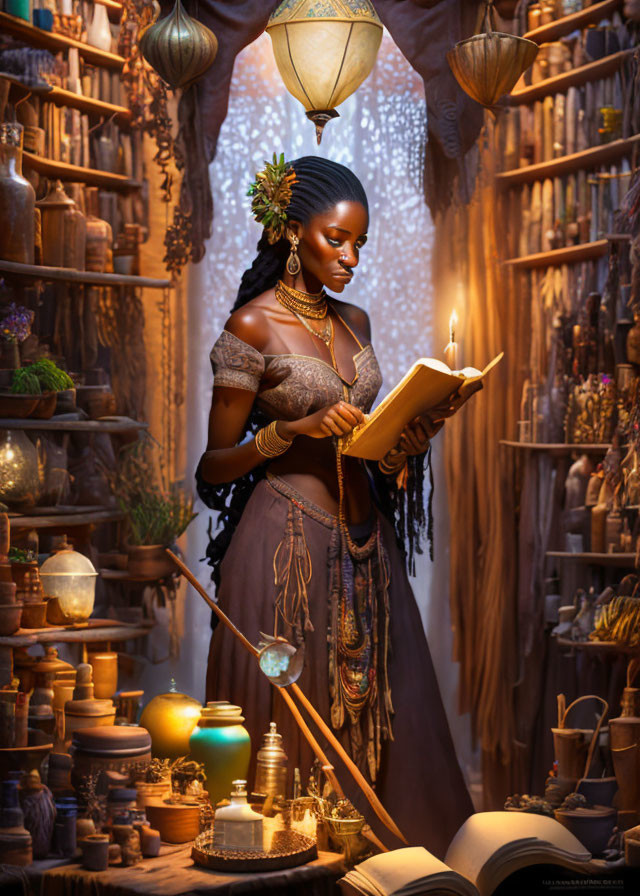 Woman reading book by candlelight in enchanting room with lanterns, potions, and scrolls