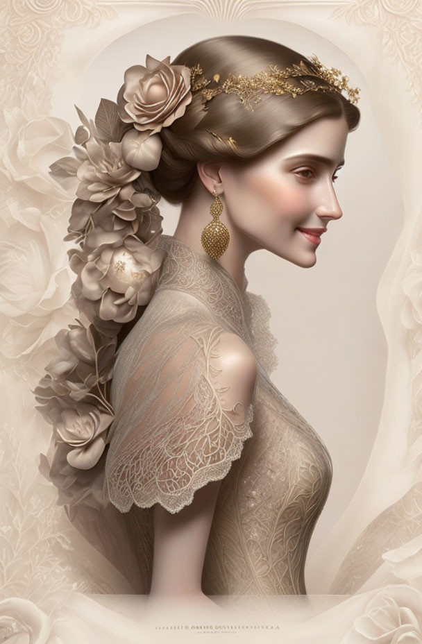 Woman with elegant floral hairstyle and golden headpiece in lace dress.