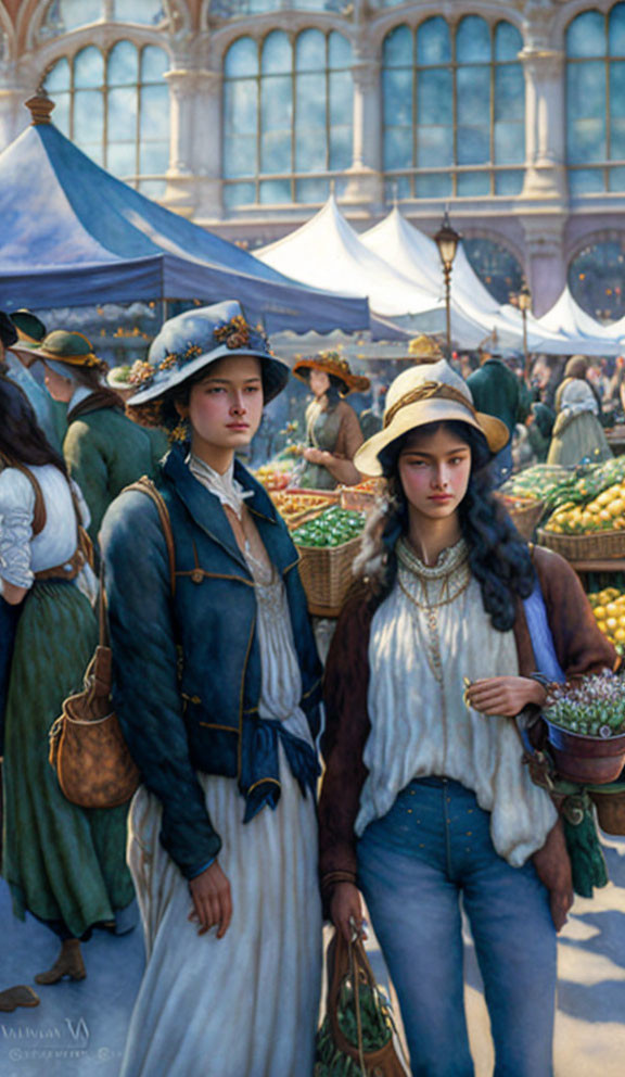 Two women in historical clothing at busy market with fruit stalls and people under large glass structure