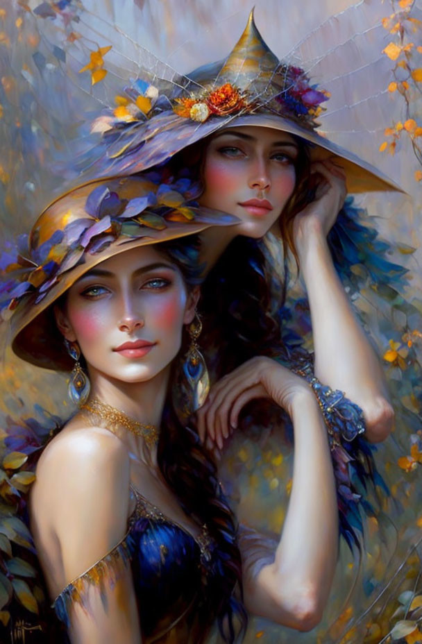 Two Women in Decorative Hats Surrounded by Impressionistic Flowers