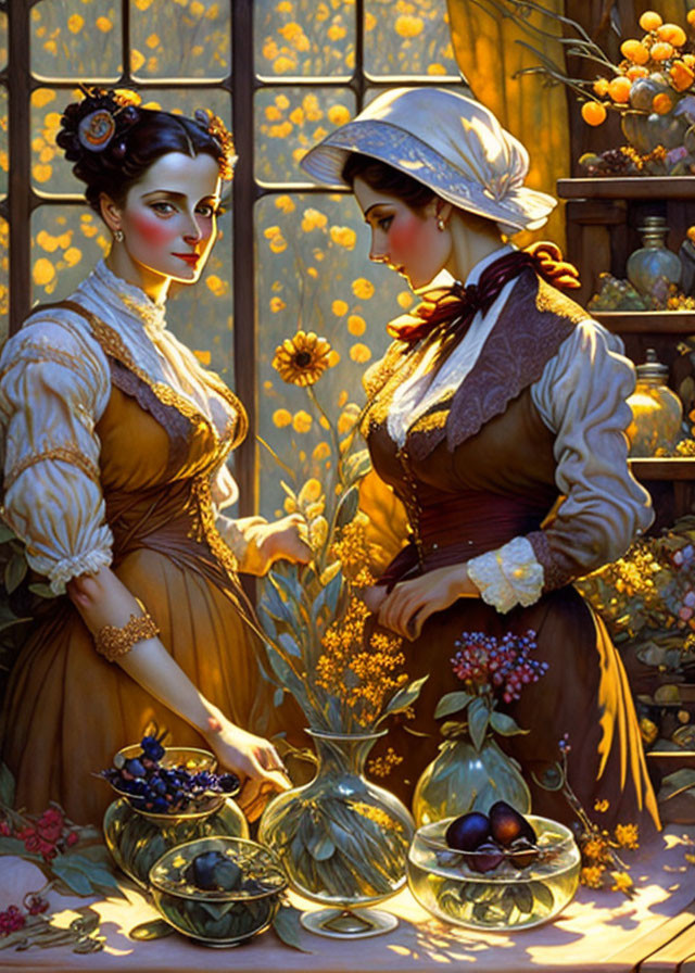 Two Women in Elegant Dresses with Fruit Bowls and Floral Arrangements