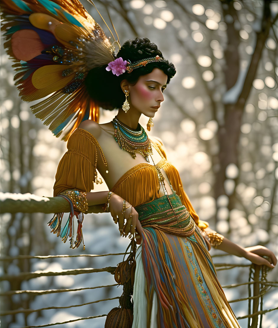 Elaborately dressed person with feathered headdress and ornate jewelry poses outdoors