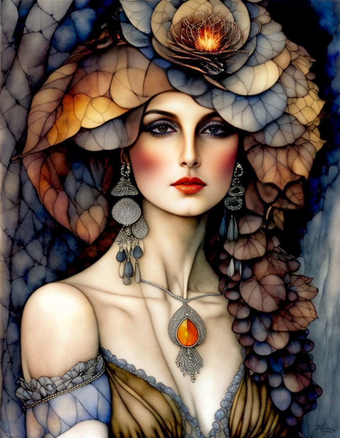 Illustrated lady with dramatic makeup and floral hat, exuding elegance and mystery