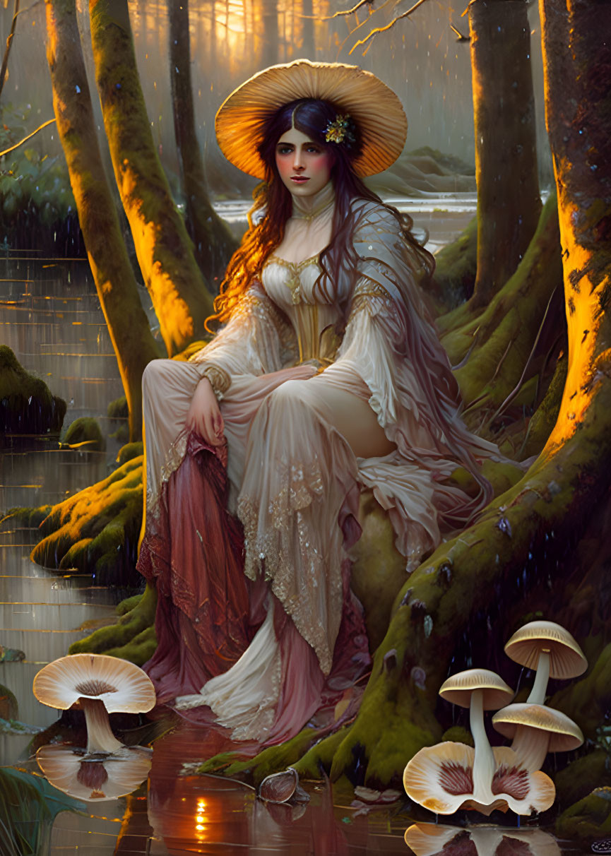 Woman in elegant dress and hat sitting by forest swamp with mushrooms and sunlight.