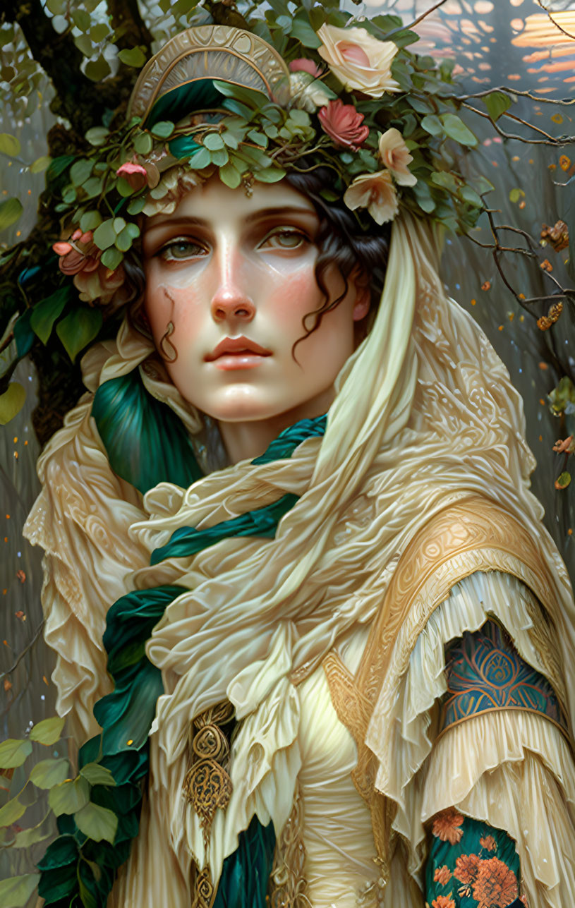 Ethereal woman with floral wreath in ornate garments