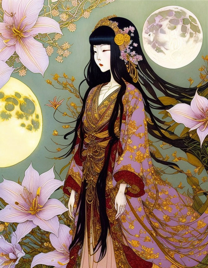 Illustrated woman in traditional attire with black hair, pink lilies, full moon