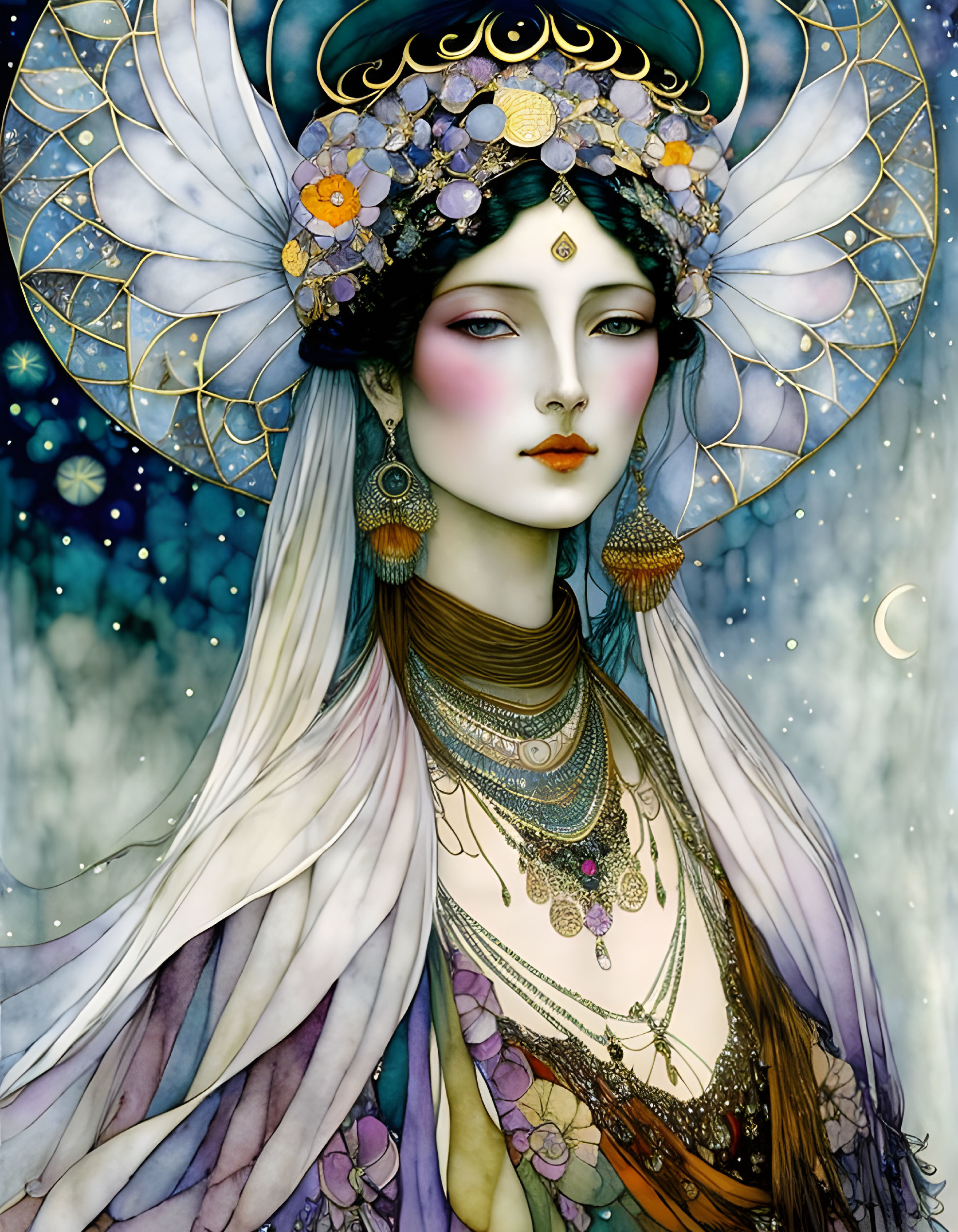 Ethereal female figure with elaborate headdress and jewelry against starry backdrop