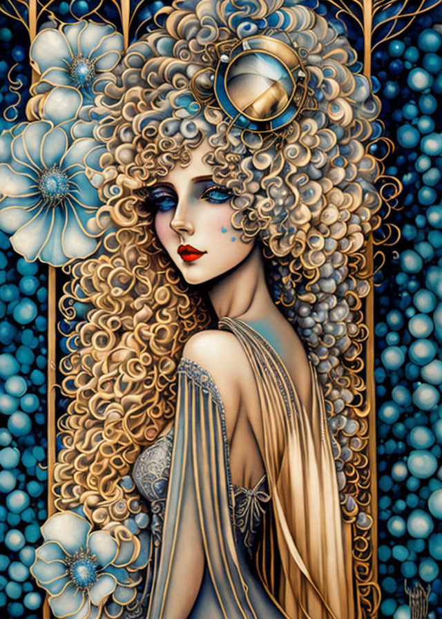 Blonde woman with floral hair and Art Nouveau motifs in gold and blue dress