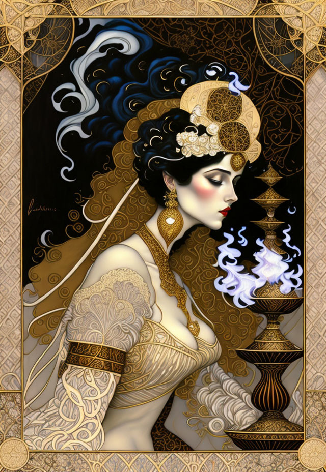 Illustration of woman in ornate headdress and gown with incense burner.