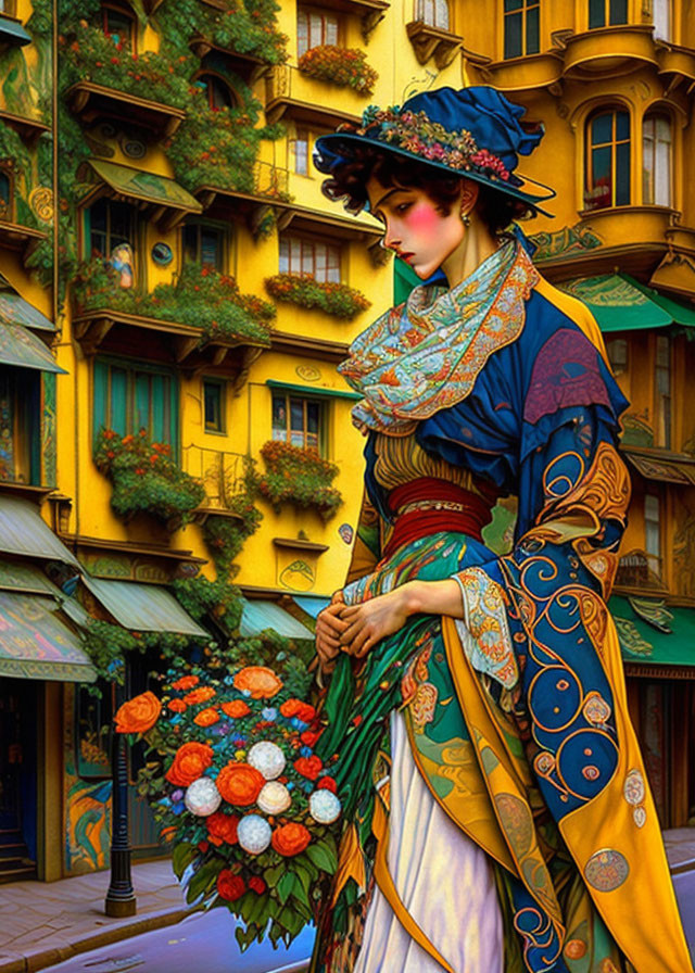 Woman in ornate clothing with flowers in front of colorful building