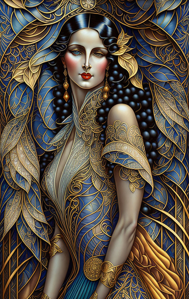 Art Nouveau-style illustration of elegant woman with black hair and golden patterns