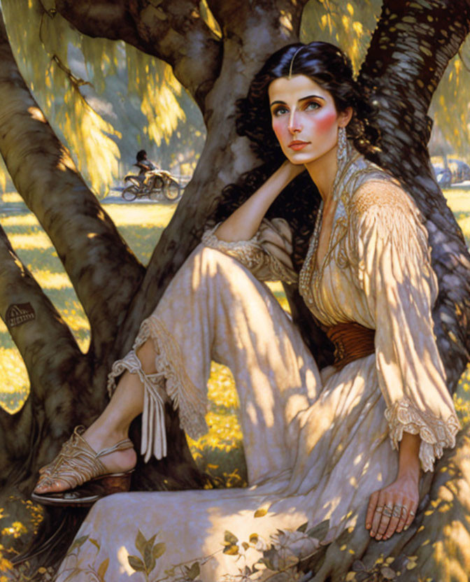 Vintage-dressed woman sitting under tree with sunlight and distant figure on bicycle