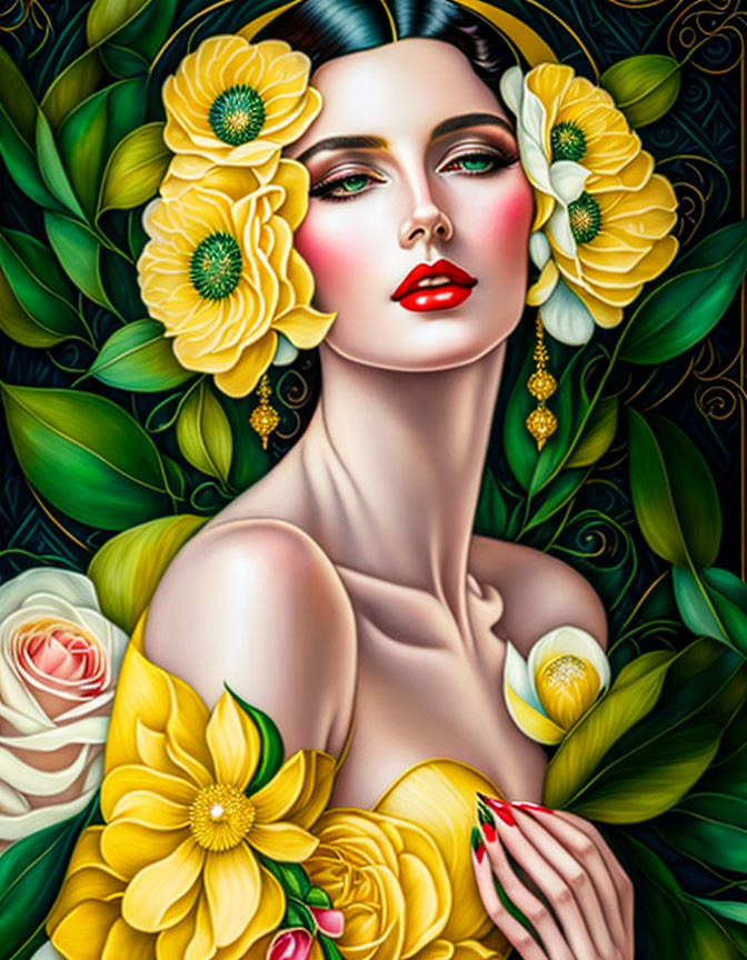 Colorful portrait of woman with yellow flowers, bold makeup, green foliage, and gold earrings