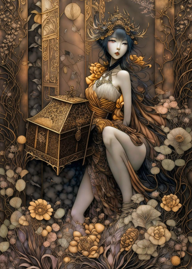 Ethereal woman with ornate headdress and lantern among golden flowers