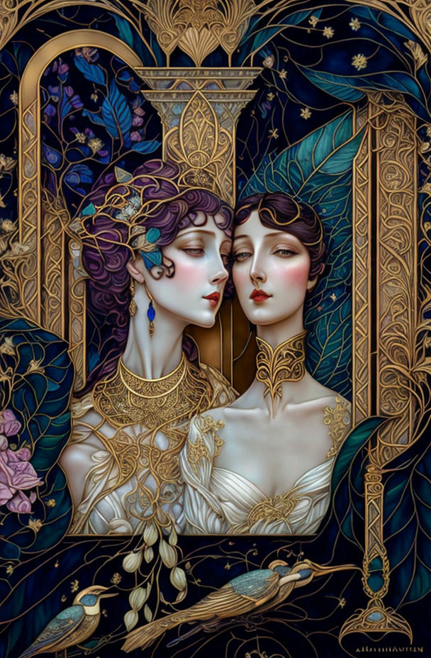 Stylized women with golden adornments in Art Nouveau style