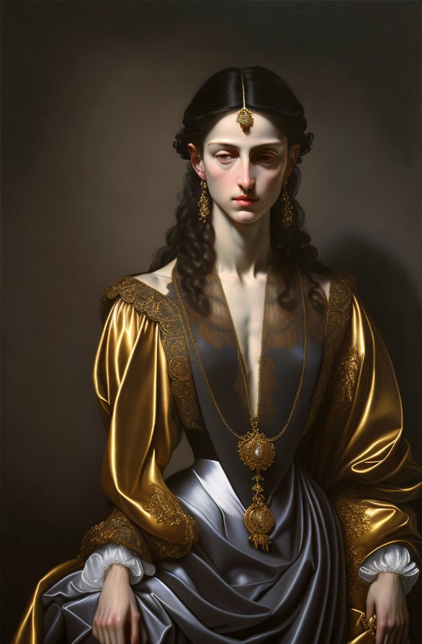 Portrait of woman with dark hair in gold headpiece & dress.