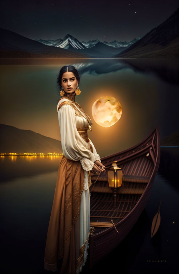 Woman in elegant attire standing in boat with lantern against moonlit mountain backdrop.