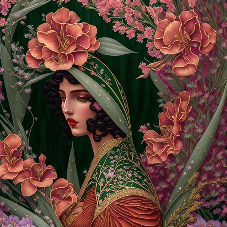 Stylized illustration of woman with vibrant flowers and detailed attire