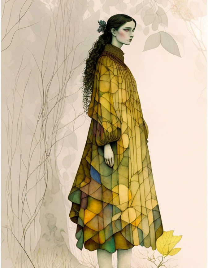 Stylized autumn-themed woman illustration with flowing dress and leaves