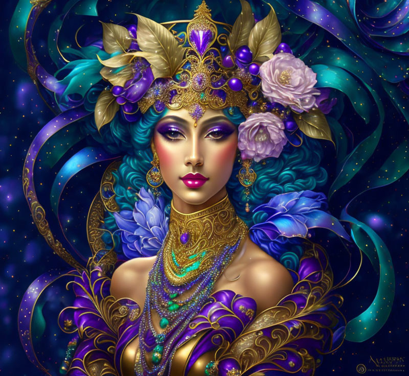 Detailed illustration of woman with gold jewelry in cosmic background