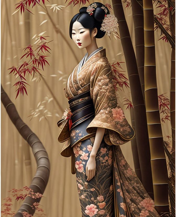 Detailed traditional kimono illustration with floral patterns and bamboo stalks.