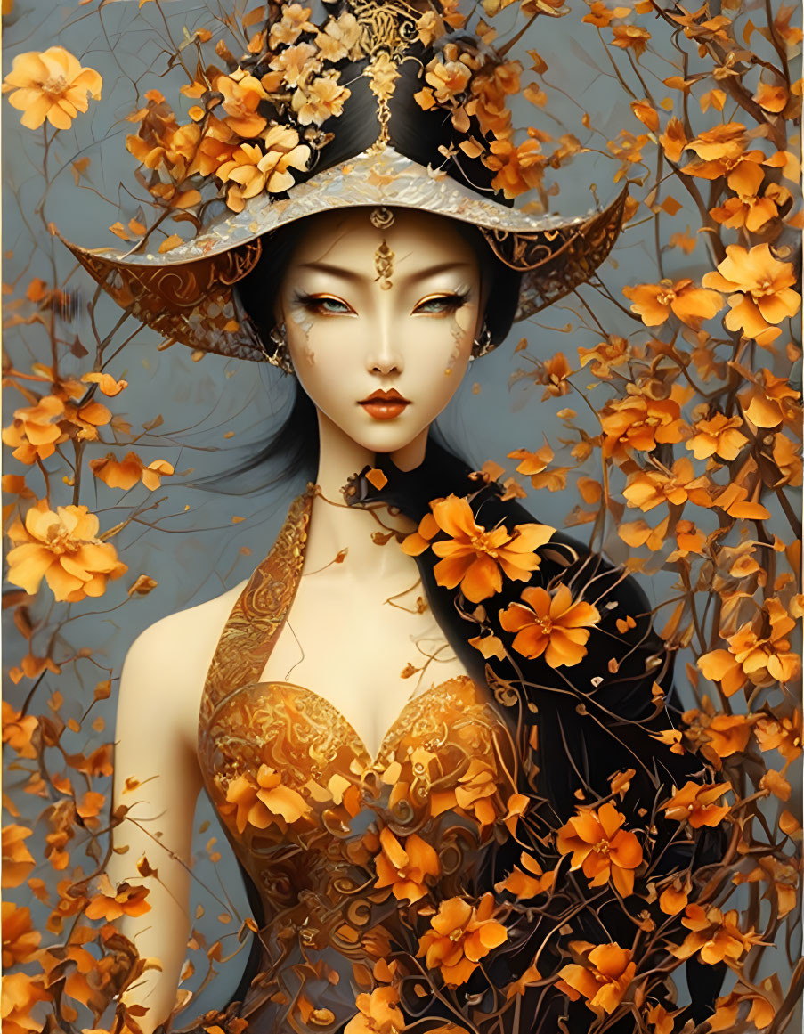 Illustration of woman with pale blue skin in golden floral attire and hat among orange blossoms