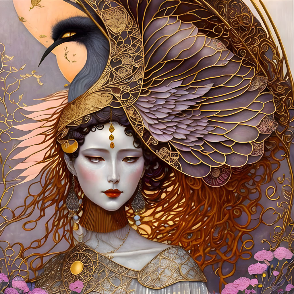 Detailed artwork of a woman with bird-like features and golden jewelry