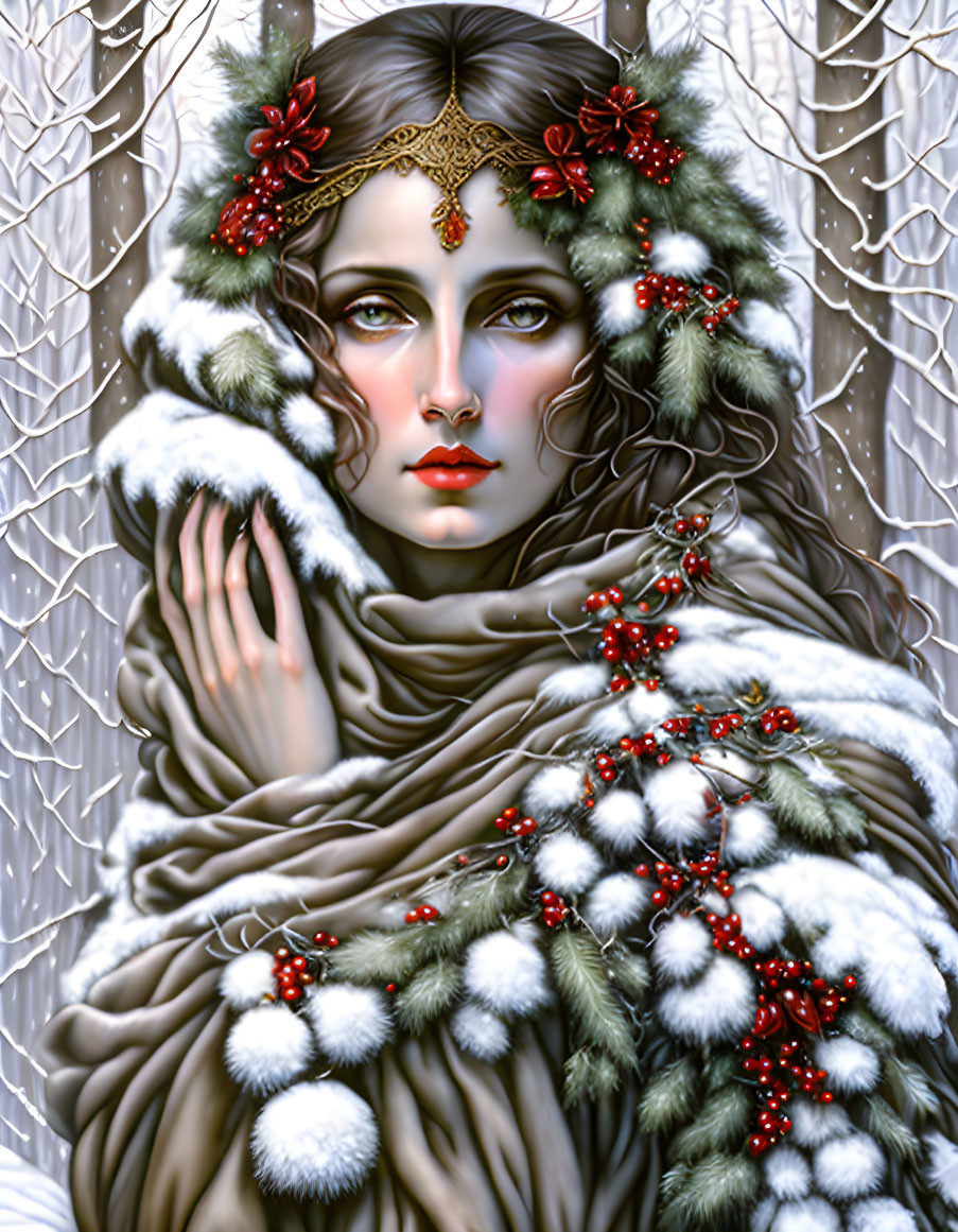 Pale-skinned woman in winter attire against snowy backdrop with red berries and pine