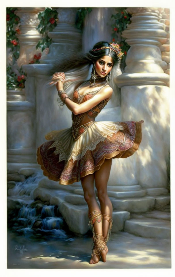 Illustrated woman in traditional attire dancing among stone pillars with roses.