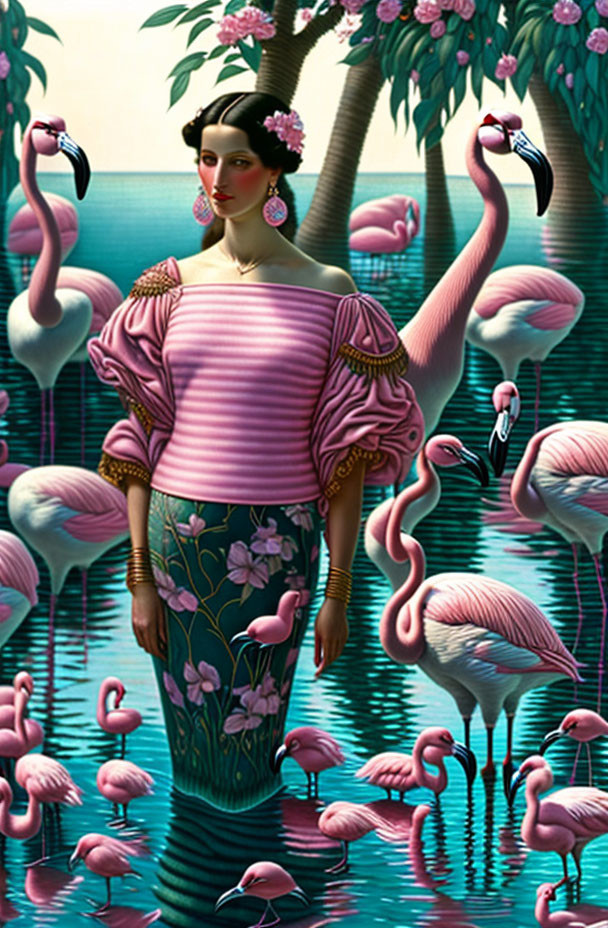 Illustration of woman in pink floral outfit with flamingos by reflective water