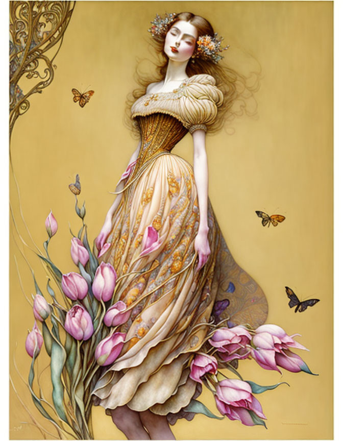 Elegant Woman in Flowing Gown with Tulips and Butterflies