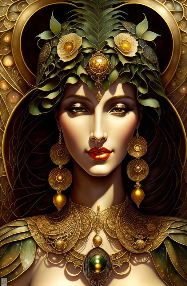 Intricate gold headdress and jewelry on elegant woman