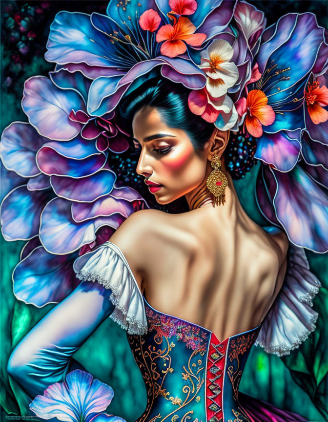 Colorful Stylized Portrait of Woman with Floral Backdrop